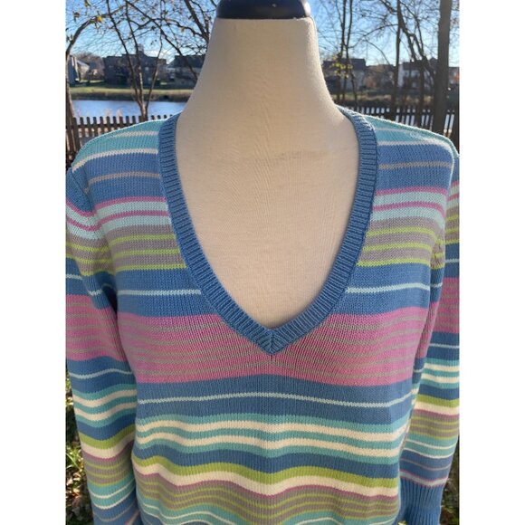 Vintage Pastel Rainbow V Neck Striped Cotton Blend Sweater Size 1X Hong Kong - Picture 2 of 9